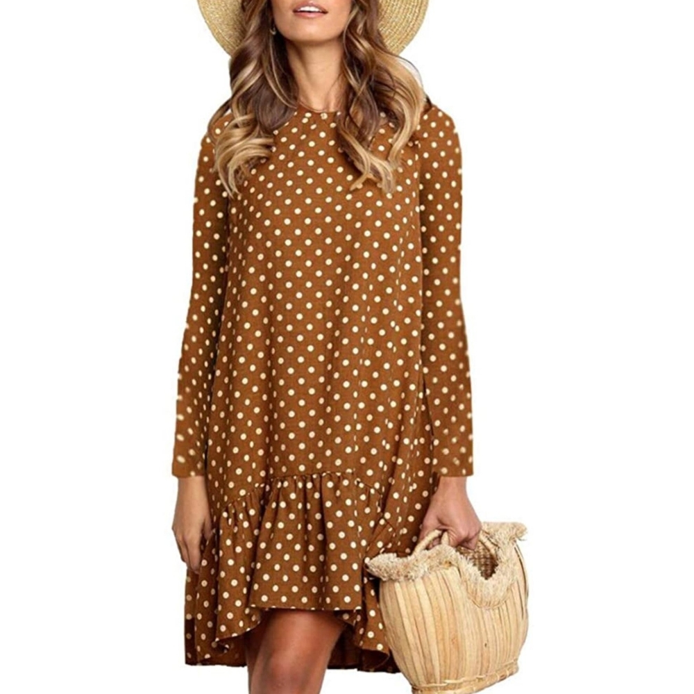 Polka Dot Long Sleeve Dress - Brown